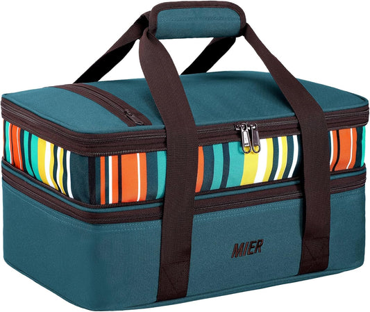 MIER Insulated Double Casserole Carrier Bag for Lasagna Lugger, Potluck Parties, Picnic, Beach, Fits 9 x 13 Inches Baking Dish, Casserole Dish, Expandable by Mid Zipper, Peacock Blue