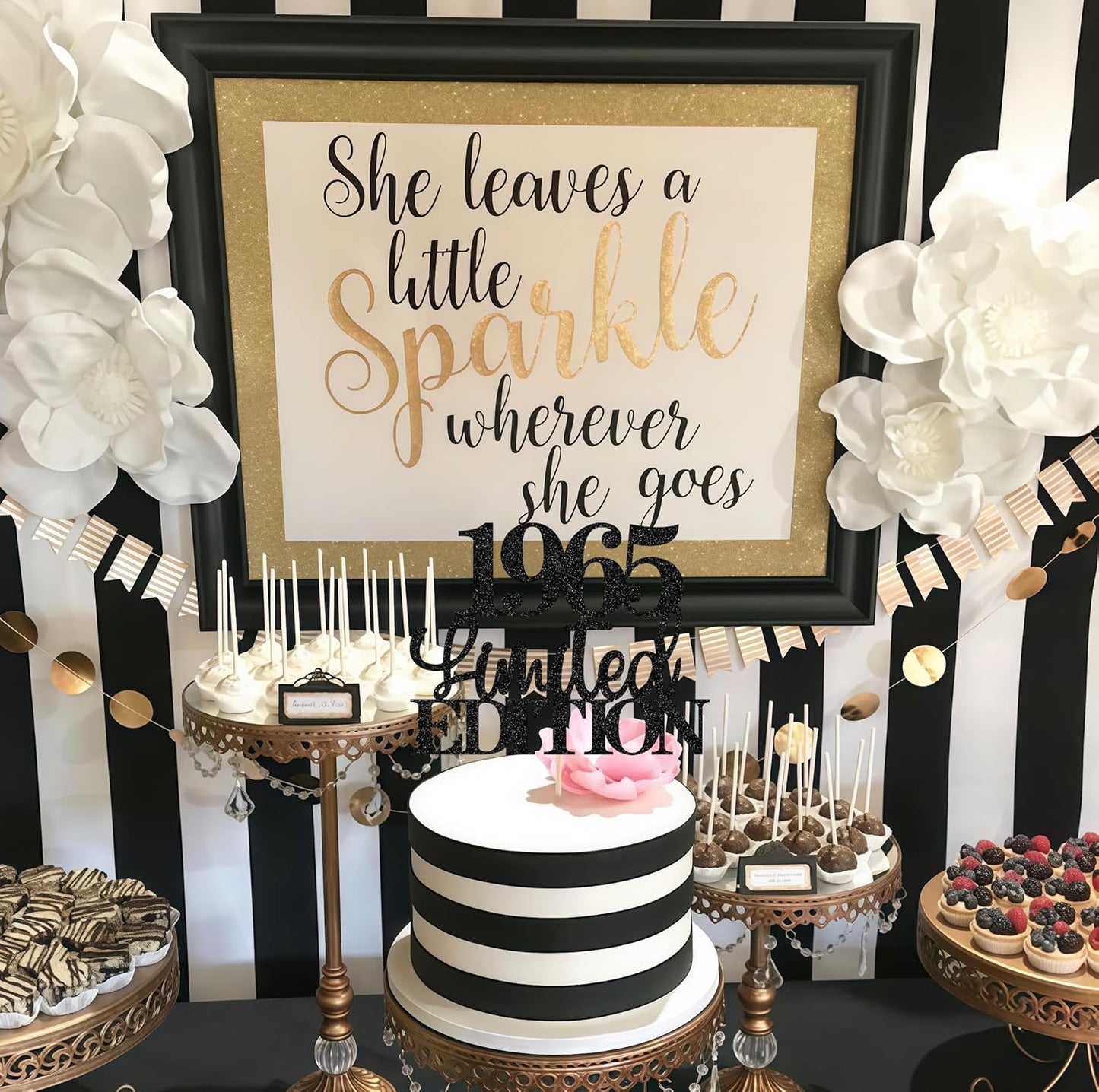 Limited EDITION 1965 Cake Topper - Black Glitter Happy 60th Birthday Party Cake Decoration Supplies, Cheer to 60 Years Cake Bunting Decor for 60th Birthday Party Photo Booth Props