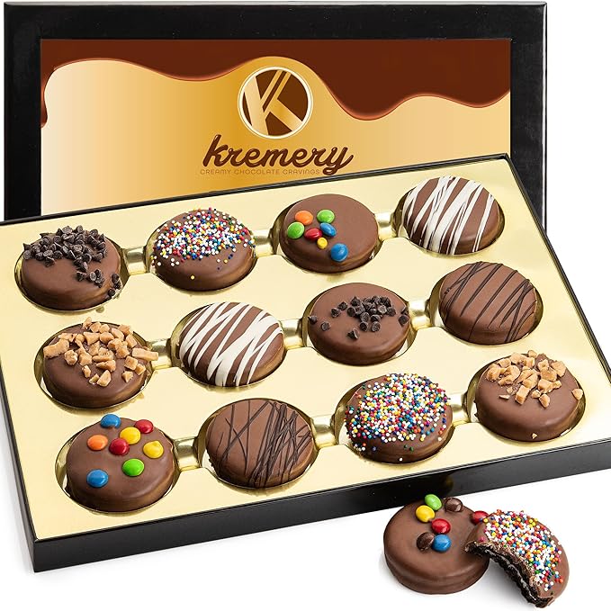 KREMERY Creamy Chocolate Cravings - Halloween Treats For Adults Chocolate Covered Sandwich Cookies & Cream Gift Basket, in Sectional Gift Box (12 Cookies, Assorted Sweet Toppings) Holiday Christmas
