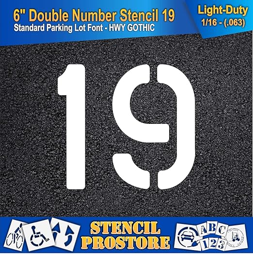 Pavement, Curb, and WheelStop Stencils - 6 inch Double Number Stencil - (19) - 6" x 6" x 1/16" (63 mil) - Light-Duty