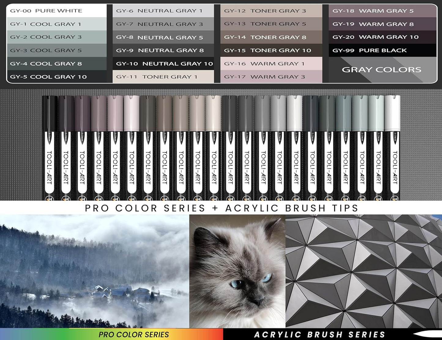 22 Flexible Brush Tip Acrylic Paint Pens Markers Set 1-7mm Line for Rock Painting, Brush Lettering, Glass, Mugs, Wood, Metal, Canvas, Fabric, Plastic. Non Toxic Waterbased Quick Drying Assorted Gray