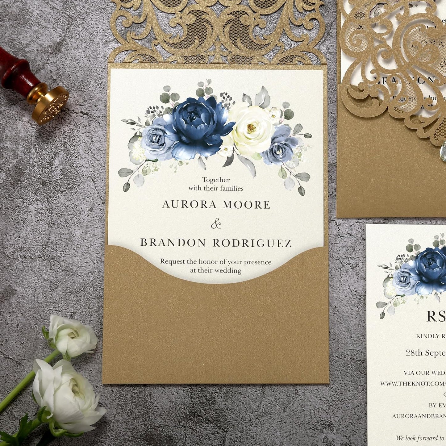 50pcs Laser Cut Wedding Invitations with Envelopes and RSVP Cards Blue and Gold, 5x7.3 Personalized Invitation Cards for Wedding, Anniversary Invitations with Rhinestone