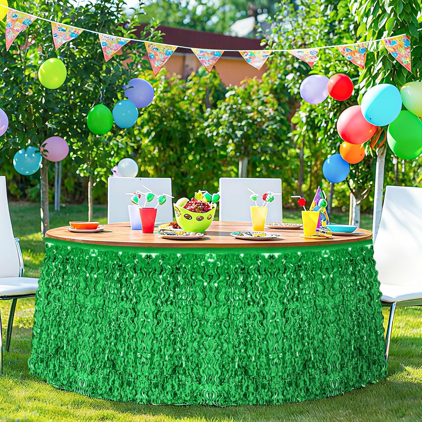2 Pack Green Table Skirt, St Patrick's Day Foil Grass Table Skirt, Metallic Wavy Tinsel Foil Fringe Table Skirts, Table Skirts for Irish Holiday Saint Patrick Wedding Birthday Valentines Party