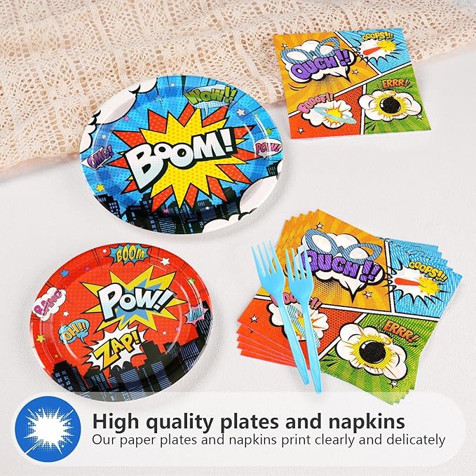 Grencian 200Pcs Super Theme Hero Party Decorations Colorful Super Theme Hero Plates and Napkins Disposable Heros Action Paper Tableware Set for Boys Birthday Baby Shower Party Supplies, Serves 50