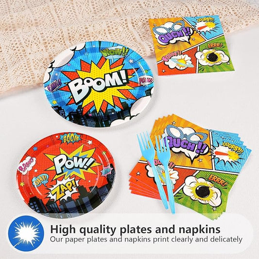 Grencian 200Pcs Super Theme Hero Party Decorations Colorful Super Theme Hero Plates and Napkins Disposable Heros Action Paper Tableware Set for Boys Birthday Baby Shower Party Supplies, Serves 50