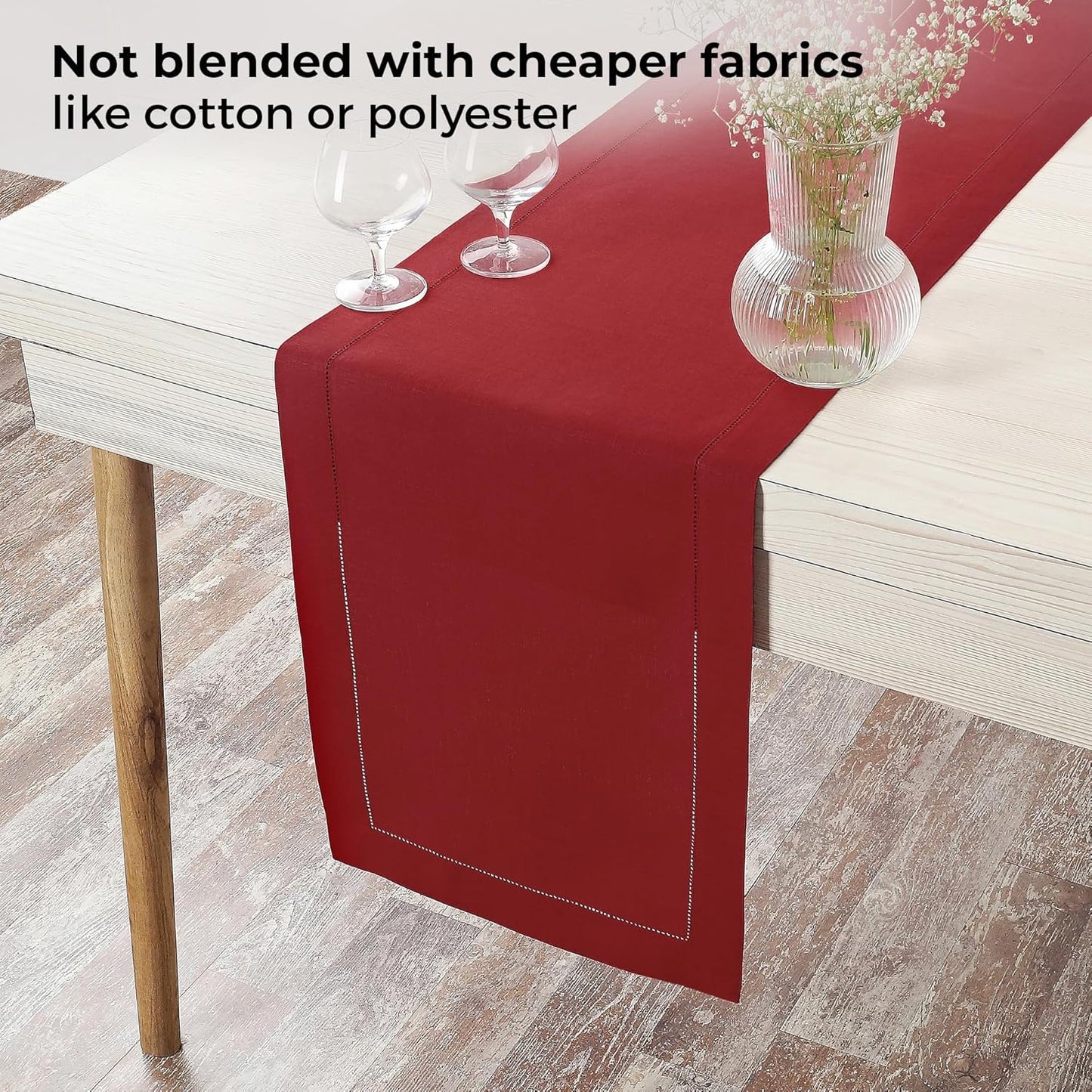 D'Moksha Homes Linen Red Table Runner 120 Inches Long - 100% Pure Linen Hemstitch 14 x 120 Inch Table Runner for Dining, Fall, Autumn and Halloween - Classic Hemstitch