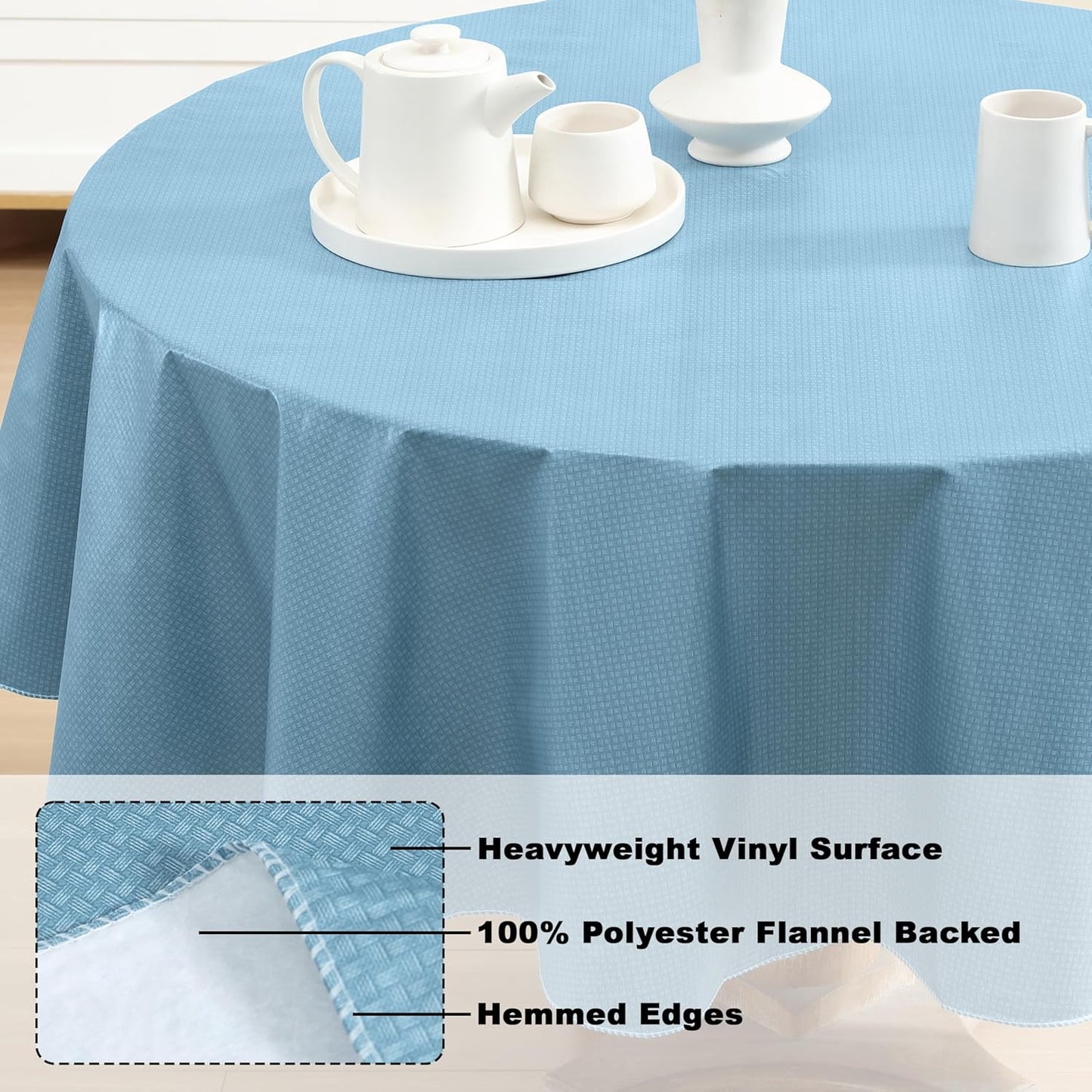 Newbridge Basketweave Vinyl Flannel Backed Tablecloth, 70 Inch Round, Blue, Basket Weave Textured Indoor Outdoor Waterproof Table Cover for Patio, Kitchen, Dining