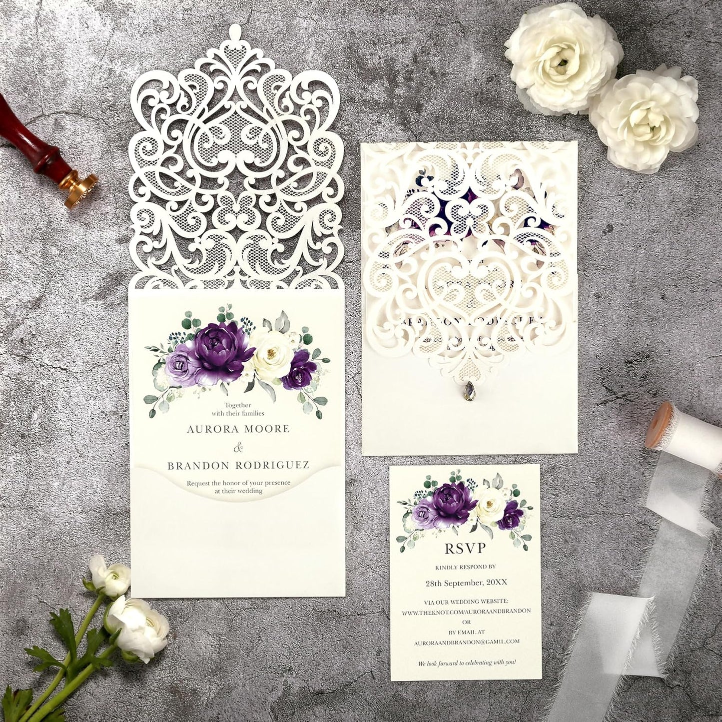 50pcs Laser Cut Wedding Invitations with Envelopes and RSVP Cards Purple and Ivory White, 5x7.3 Personalized Invitation Cards for Wedding, Anniversary Invitations with Rhinestone