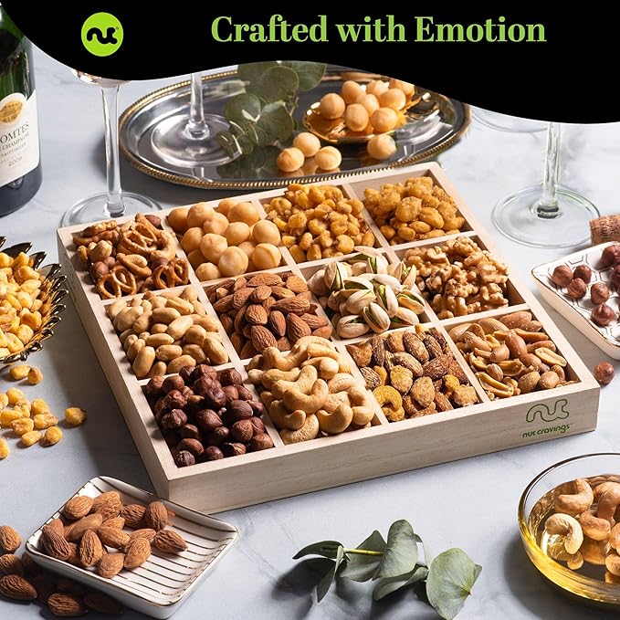 NUT CRAVINGS Gourmet Collection - Thank You Appreciation, Nuts Gift Basket with TY Ribbon + Greeting Card in Reusable Wooden Tray (12 Assortments) Food Arrangement, Healthy Snack Care Package