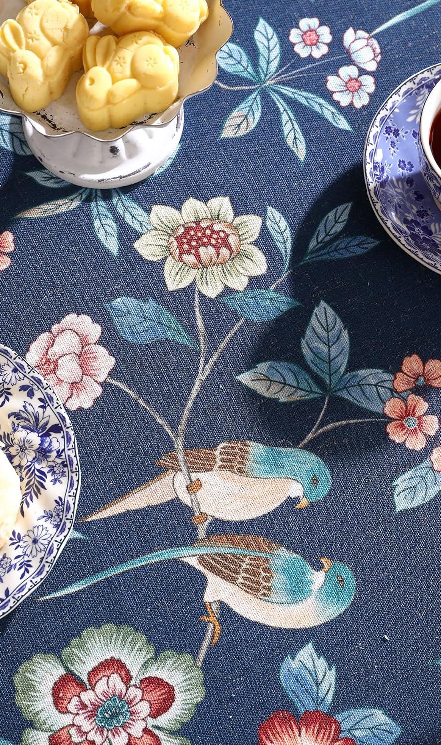 patdrea Designer Vintage Dark Blue Linen Rectangular Tablecloth,Navy French Floral and Birds Pattern Table Cloth,Decoration Table Cover for Kitchen,Dining,Tea Party,Home,Christmas,55"*79"