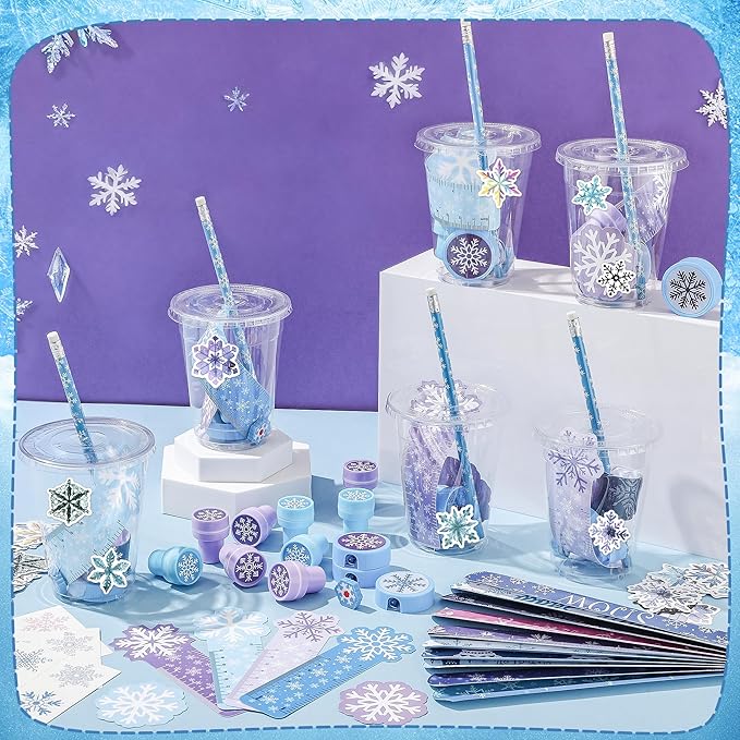 24 Set Winter Holiday Stationery Party Favors, Winter Snowflake Party Gifts, Holiday Stationery Gift Cups Filler with Sticker Stamper Ruler for Birthday Stocking Goodie Bags Exchange Gift