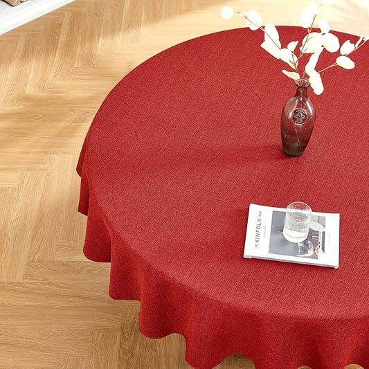 BALCONY & FALCON Round Tablecloth Washable Wrinkle Resistant and Water Proof Table Cloth Decorative Linen Fabric Tablecloths for Valentines Day Dining Kitchen Wedding Outdoor Use(Buby Red, 107" Round)