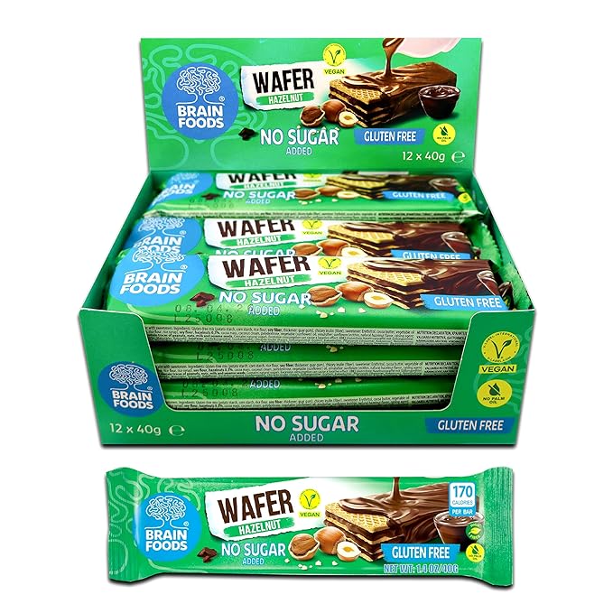 BRAIN FOODS Gluten Free Vegan Chocolate Coated Hazelnut Wafers - 12 Bars, No Sugar Added, High Fiber, No Palm Oil, 1.4 oz, 170 Calories, Guilt Free Snack, Natural Hazelnut Flavor