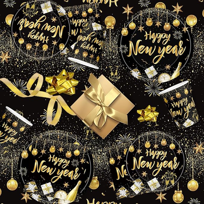 82 Pcs New Years Eve Party Supplies 2026 Set - Black Gold Happy New Year Decorations Kit, Including New Year Plates Napkins Cups Tablecloth and Banner for 2026 Happy New Years Party Decor Supply Favor