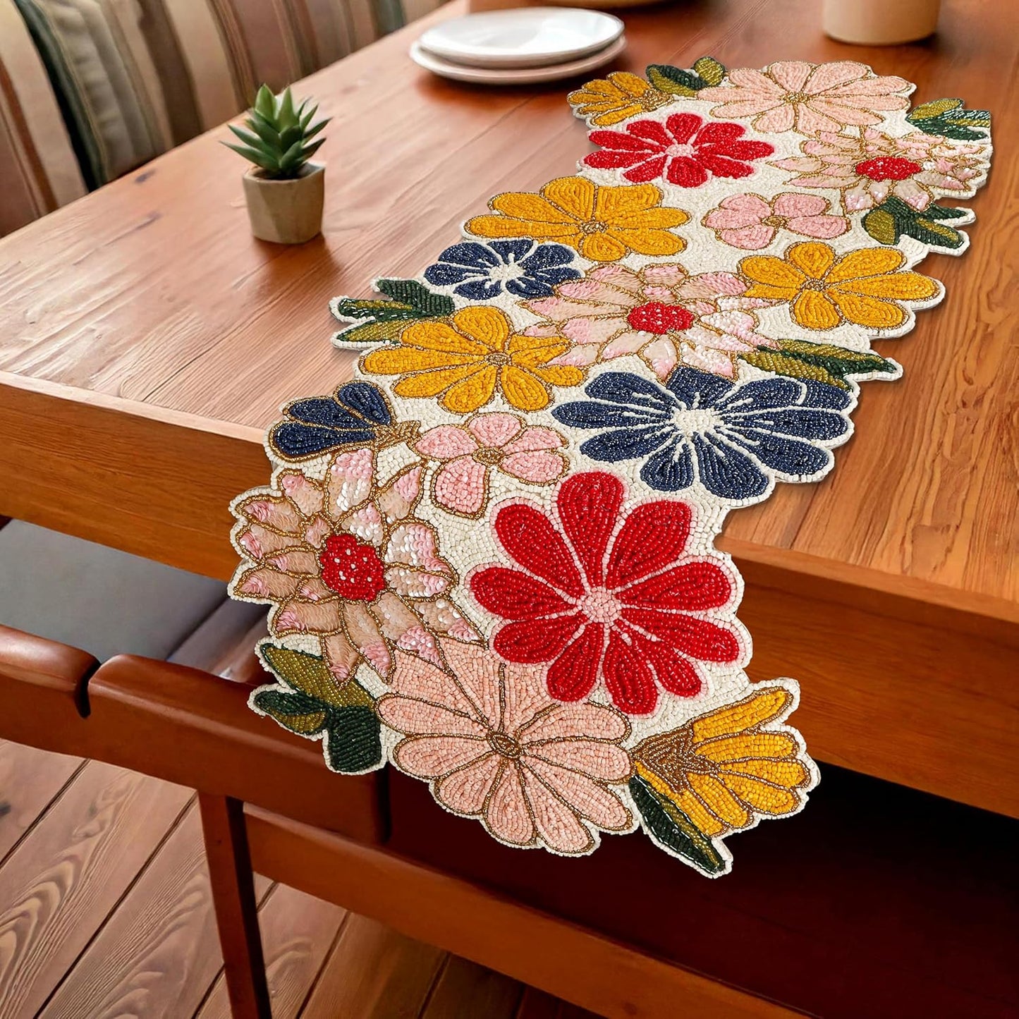 Beaded Table Runners 36 Inches Hand Beaded Decorative Farmhouse Glitz Table Runner for Christmas Wedding Baby Shower Bridal Shower Seasonal Winter Holiday Kitchen Dining Table Yellow Red- CLEENTABLE