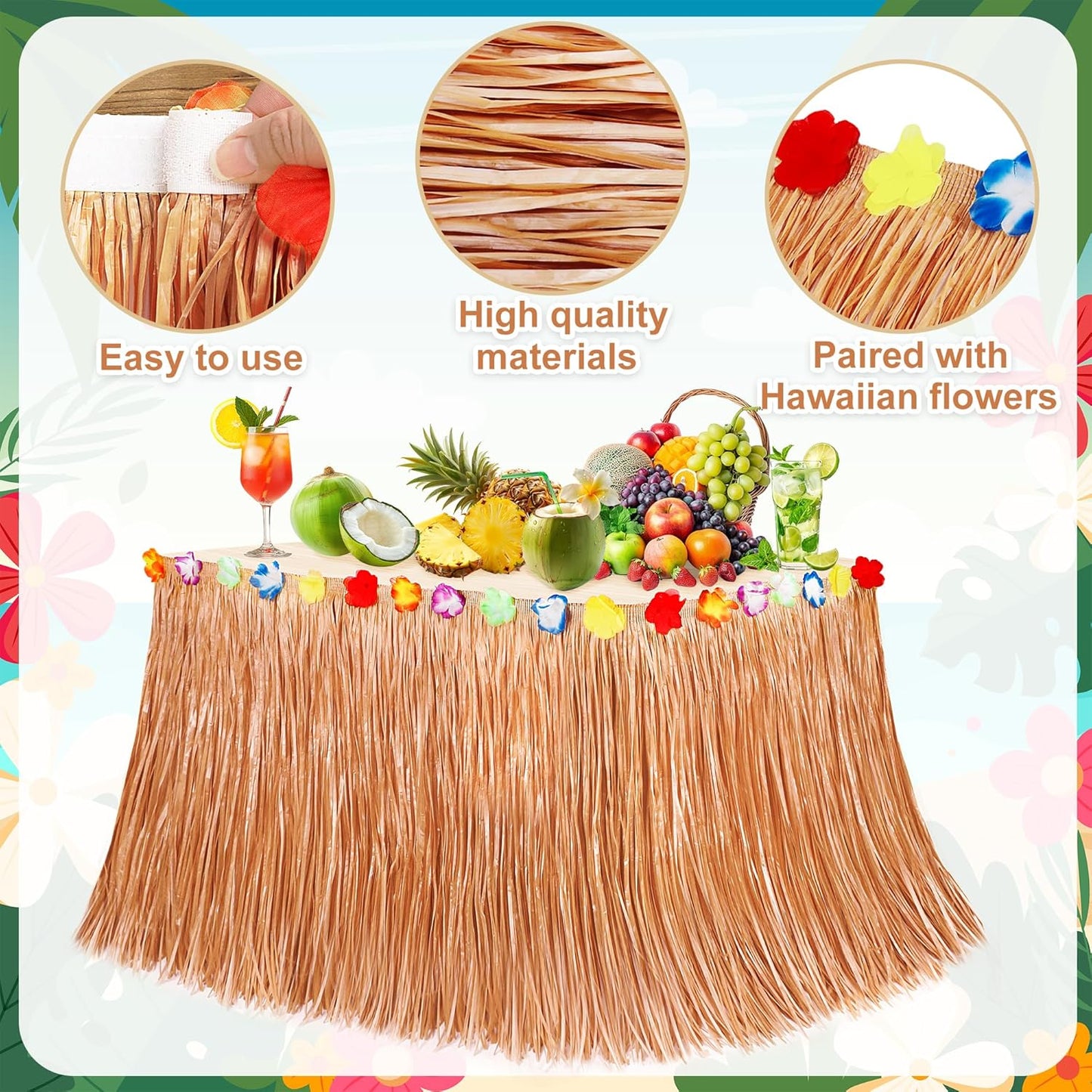 4PCS Hawaiian Table Skirt Decor, Yellow Luau Themed Grass Table Skirt Party Decorations, 108 X 29.5" Flower Tropical Hula Dance Parties Supplies, Table Skirt Bulk for Summer Beach Themed Activities