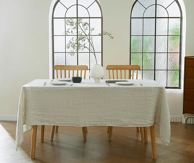 100% French Flax Linen Tablecloths Rectangle 84Lx60W Inch for Dinners, Parties, Easter, Halloween, Camping, Stone Washed, Textured, Machine Washable, 6-8 Sets (60''x84'', Natural Linen)