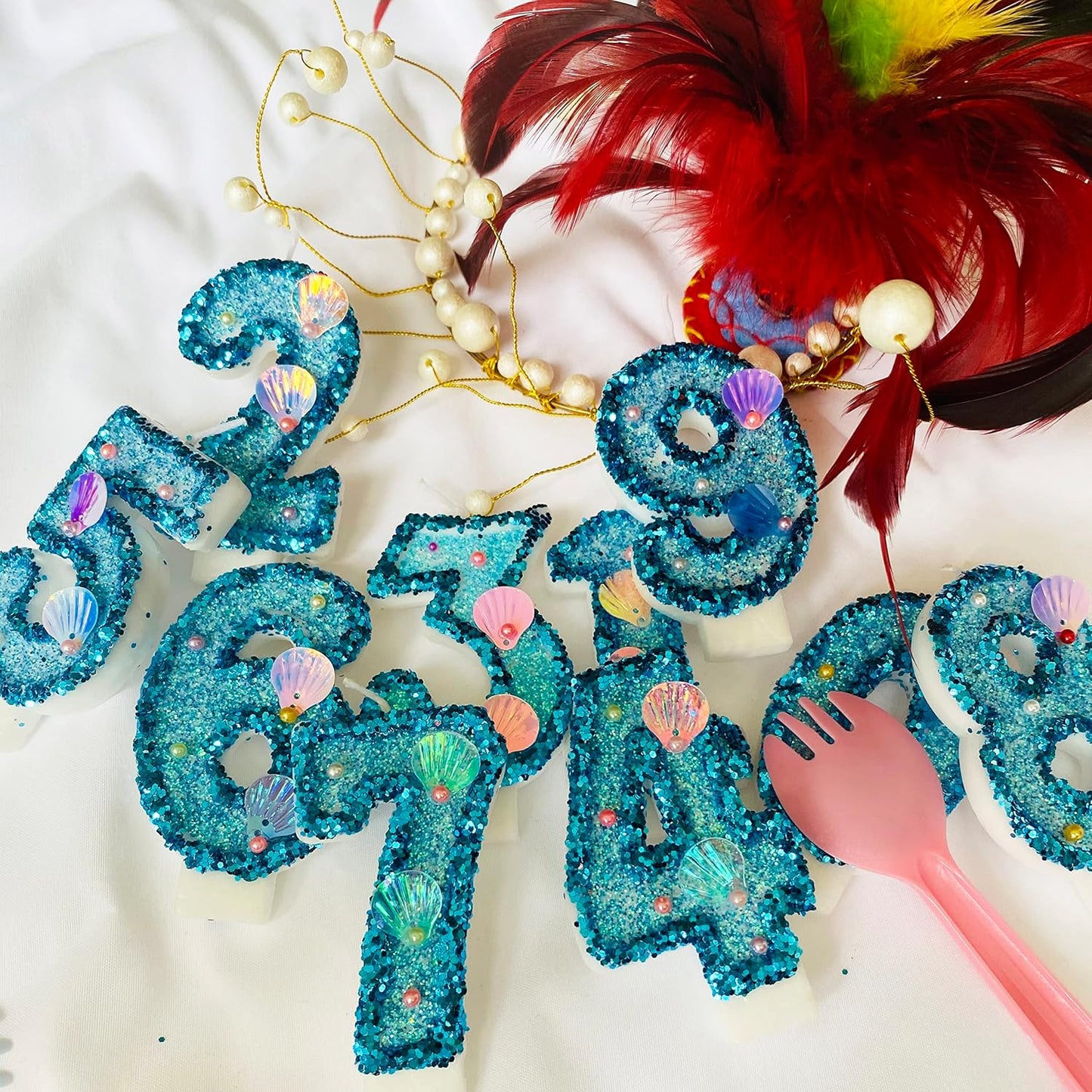 Blue Number Candle,Shell Sequins Number Candles for Birthday Cakes Mermaid Themed Party Supplies Number 8 Candle