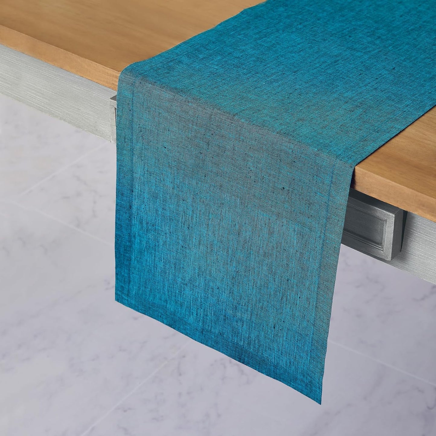 Solino Home Linen Table Runner 90 Inches Long - Athena, 100% Pure Linen Chambray Teal Table Runner 14 x 90 Inch for Dining, Fall, Autumn, Thanksgiving