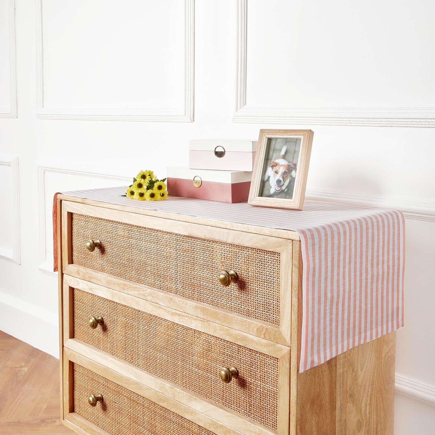 Solino Home Striped Linen Table Runner 36 Inches - Amalfi Stripe, 100% Pure Linen Coral and White Small Table Runner 14 x 36 Inch Ideal for Dresser and Coffee Tables