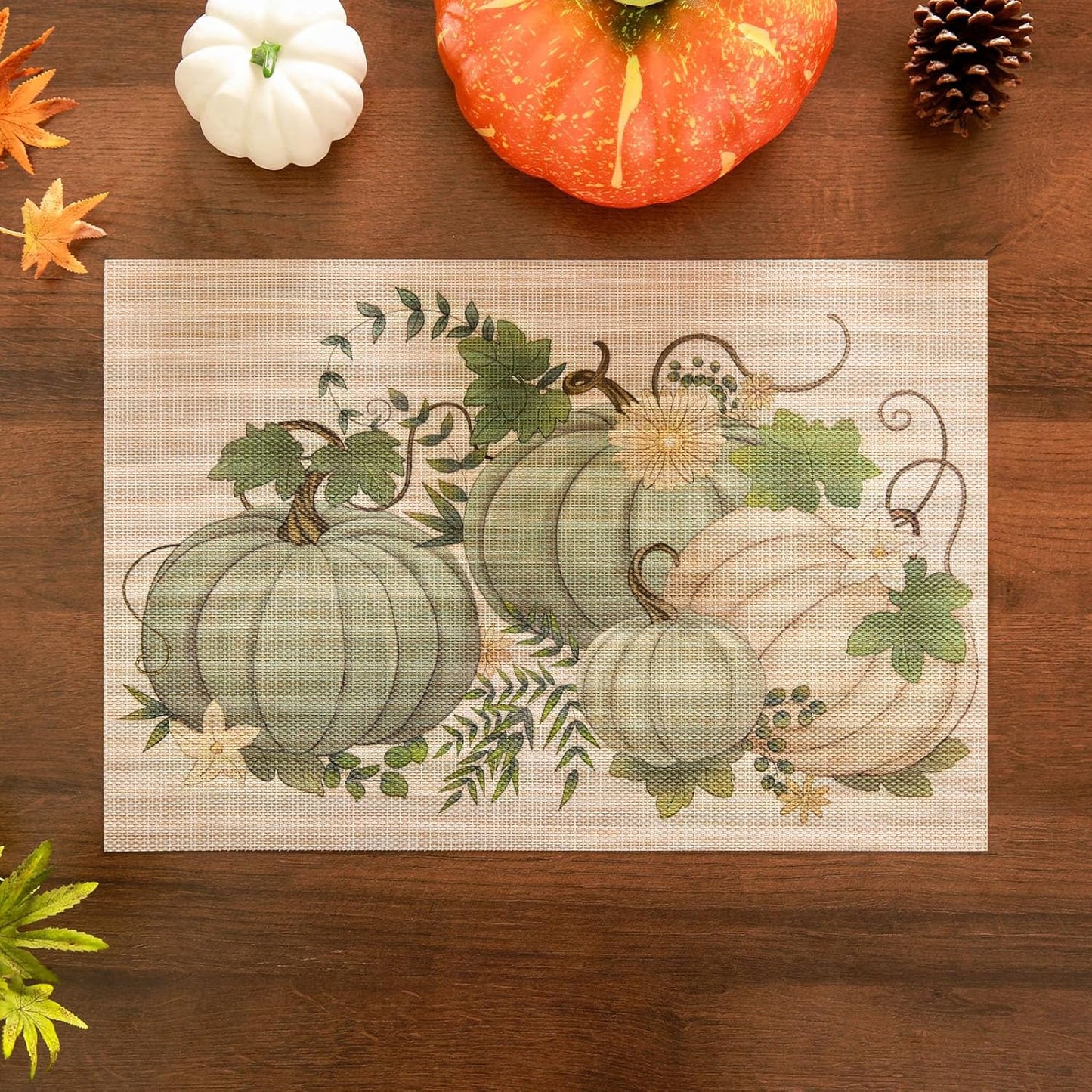 Thanksgiving Placemats Set of 6 Fall Place Mats Pumpkin Maple Leaves Table Mats Washable Non-Slip Heatproof Woven Placemats for Dining Table (17.7" X 11.8")