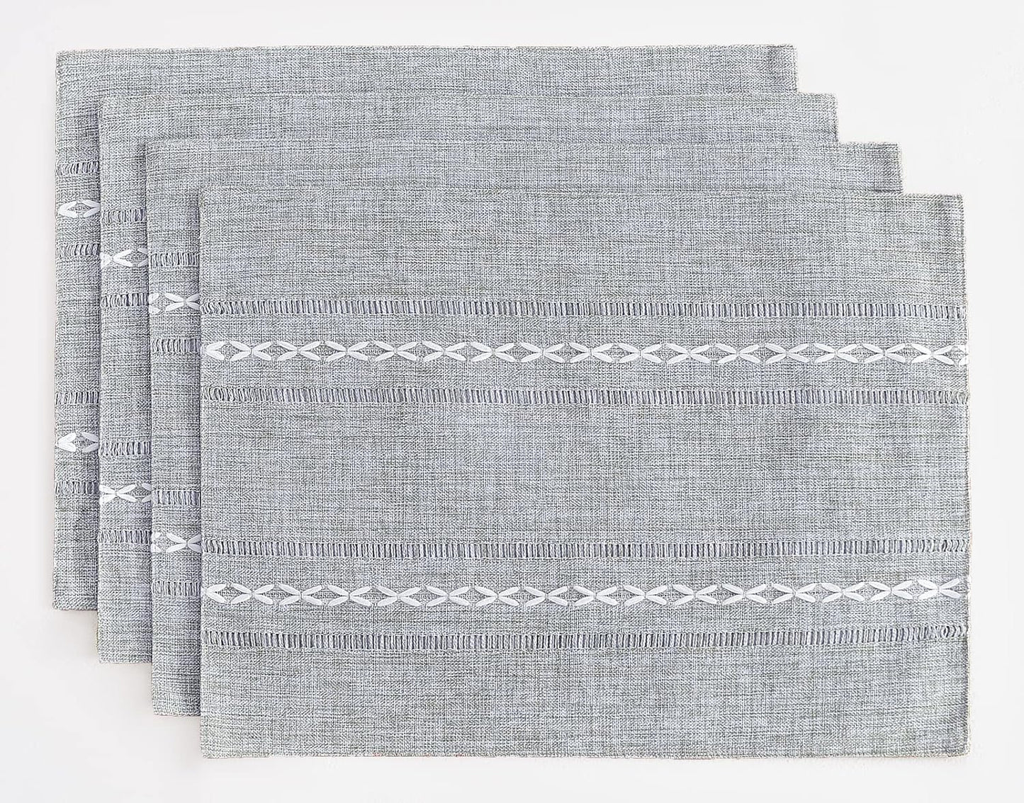 Wracra Cotton Linen Placemats, 12 x 18 Inch Set of 4 Fete Placemats Rustic Hemstitch Place Mats for Kitchen Table and Heat Resistant-Grey