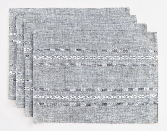 Wracra Cotton Linen Placemats, 12 x 18 Inch Set of 4 Fete Placemats Rustic Hemstitch Place Mats for Kitchen Table and Heat Resistant-Grey