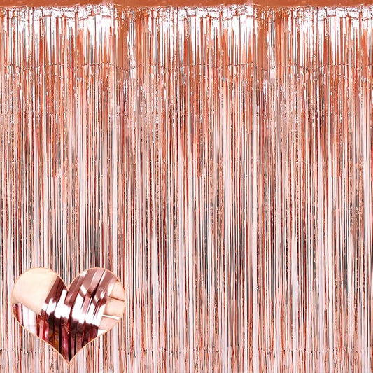 4 Pack Rose Gold Fringe Curtain Backdrop, 3.2Ft x 9.8Ft Metallic Tinsel Foil Fringe Streamers Background for Photo Booth Birthday Wedding Baby Shower Carnival Easter Mother’s Day Party Decorations