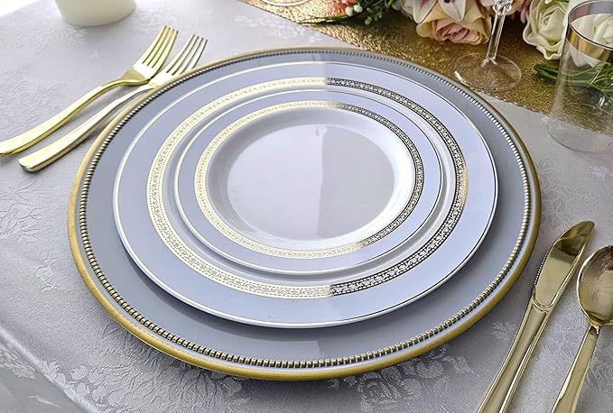 " OCCASIONS " 240 Plates Pack,(120 Guests) Heavyweight Premium Disposable Plastic Plates Set -120 x 10.5'' Dinner + 120 x 7.5'' Salad/Dessert (Ritz Blue and Gold)