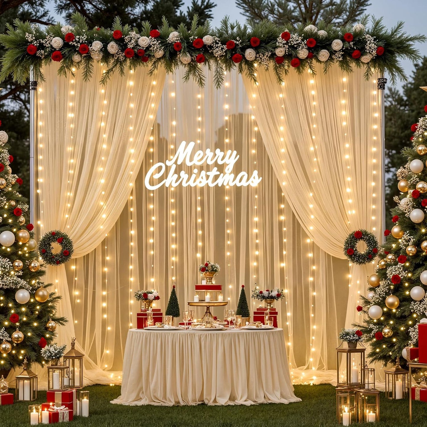 Champagne Tulle Backdrop Curtain with Lights String for Parites Wedding 10x8ft Champagne Sheer Backdrop Curtains for Bridal Shower Baby Shower Birthday Party Photo Booth Background Decorations