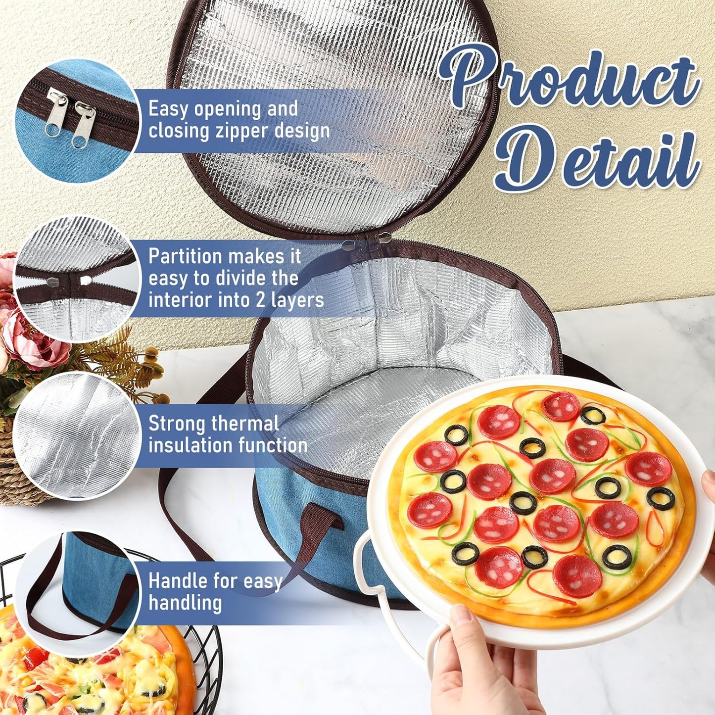 Yaomiao 2 Sets Round Pie Carrier 11 x 7 Inch with Dish Tray Plate Stacker Insulated Casserole Carrier with Lid and Handle Reusable Cooler Thermal Bags for Cold Food for Potluck Picnic (Blue and Brown)