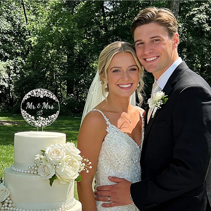 Coucoland Personalized Cake Topper - Round Acrylic Decor for Wedding Birthday with Rhinestones Pearls and Marker Pen (White)