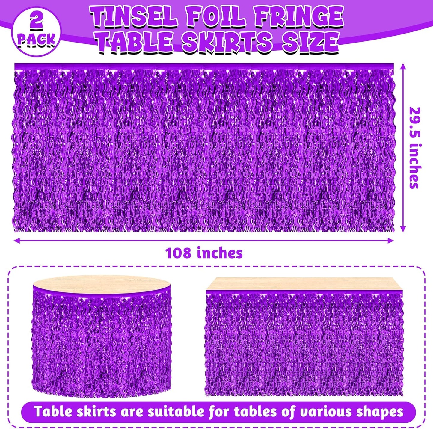 Mardi Gras Table Skirt, 2 Pack Purple Foil Grass Table Skirt, Halloween Metallic Wavy Tinsel Foil Fringe Table Skirts, Table Skirts for Halloween Graduations Mardi Gras Parade Party Decor