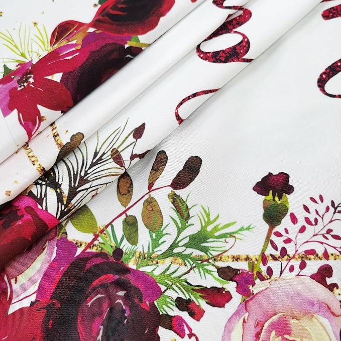 Homewelle Happy Anniversary Backdrop 7Wx5H Feet Polyester Fabric Elegant Burgundy Flower Rose Plant Botanical Decoration Green Leaves Gold Glitter Photography Background Photo Shoot Props