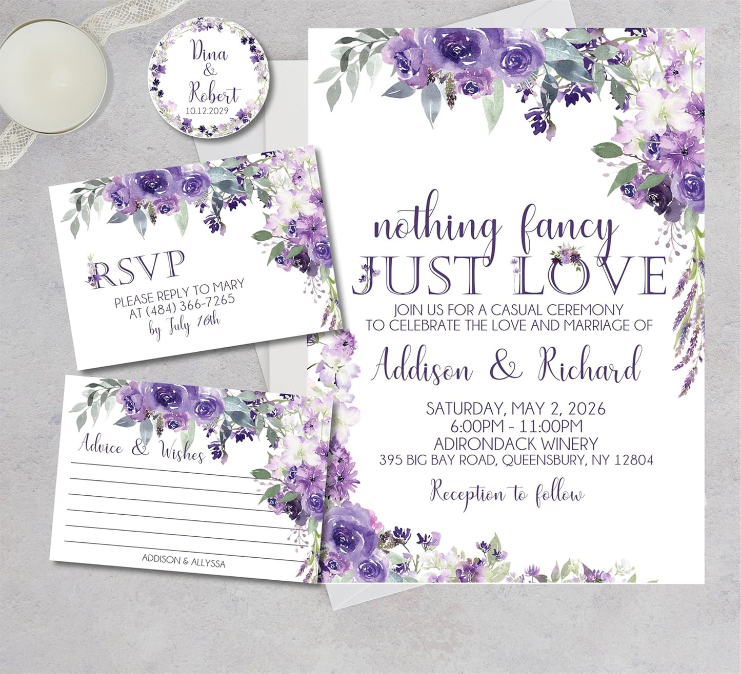 Lavender & Purple Wedding Invitations, Set of 12 Invitations with Envelopes