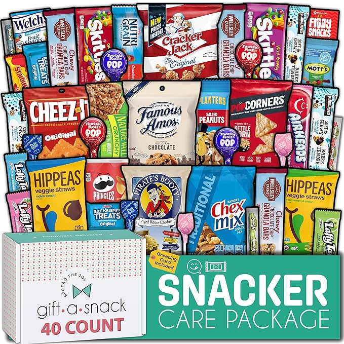 Gift A Snack - Halloween Trick or Treats Snack Box Variety Pack Care Package + Greeting Card (40 Count) Birthday Sweet Treats Gift Basket, Candies Chips Crackers Bars, Office Food Assortments