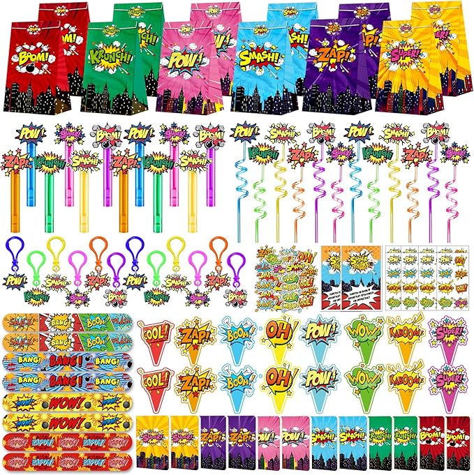 220PCS Hero Party Favors Kit – Birthday Supplies Includes Goodies Bags, Straws, Bubble Wands, Notebook & More – Perfect for Party Decorations & Pinata Fillers