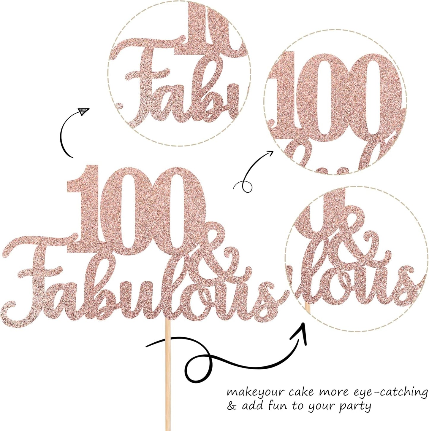 1 PCS 100 & Fabulous Cake Topper Glitter One Hundred Fabulous Cake Toppers Happy 100th Birthday Cake Pick for 100th Wedding Anniversary Birthday Party Cake Decorations Supplies Rose Gold