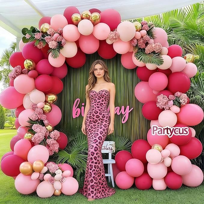 Hot Pink Balloon Arch Kit Double Stuffed, Dark Light Pink Magenta Blush Gold Balloon Garland for Birthday Baby Shower Wedding Mother's Day Cheetah Bridal Shower Party Decoration