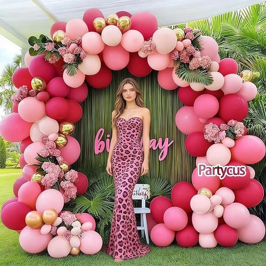 Hot Pink Balloon Arch Kit Double Stuffed, Dark Light Pink Magenta Blush Gold Balloon Garland for Birthday Baby Shower Wedding Mother's Day Cheetah Bridal Shower Party Decoration