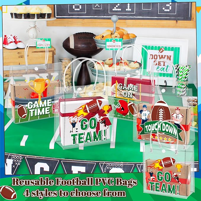 H1vojoxo Football Party Gift Bags - 24PCS Football Clear PVC Gift Bags with Handle Reusable Rugby Sports Goodie Bag for Boys Birthday Rugby Tote Bag for Snack Large Candy Treat Ball Themed Party Favor