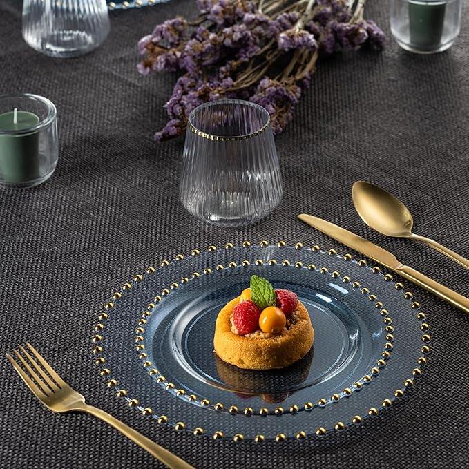 PLASTICPRO 128 Piece Combo Plastic Dinner Plates Disposable Plastic Fancy Heavy Duty Party Dishes 7 inch and 10 inch, Translucent Blue and Gold Beaded