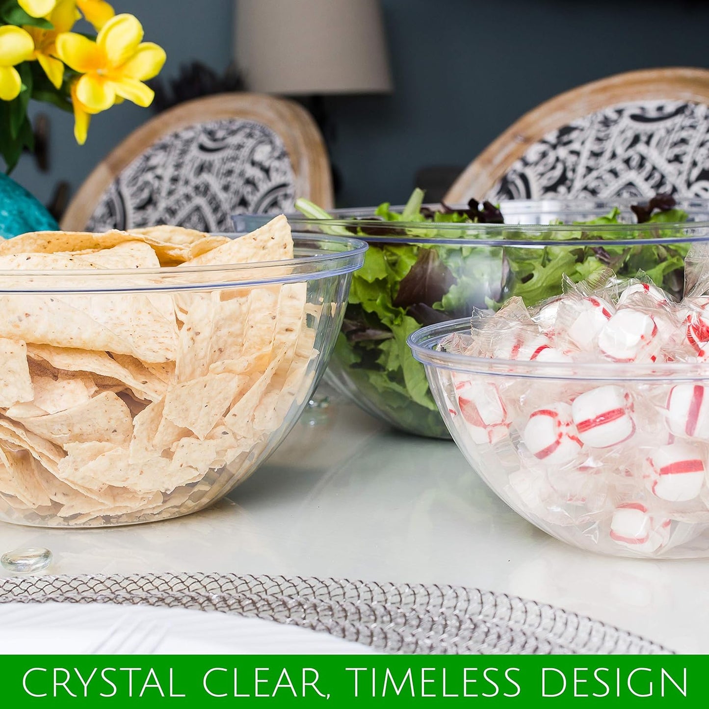 PLASTICPRO Disposable 150 Ounce Round Crystal Clear Plastic Snack & Salad Bowls - Chip Bowl, Candy Dish alternatives, Pack of 4