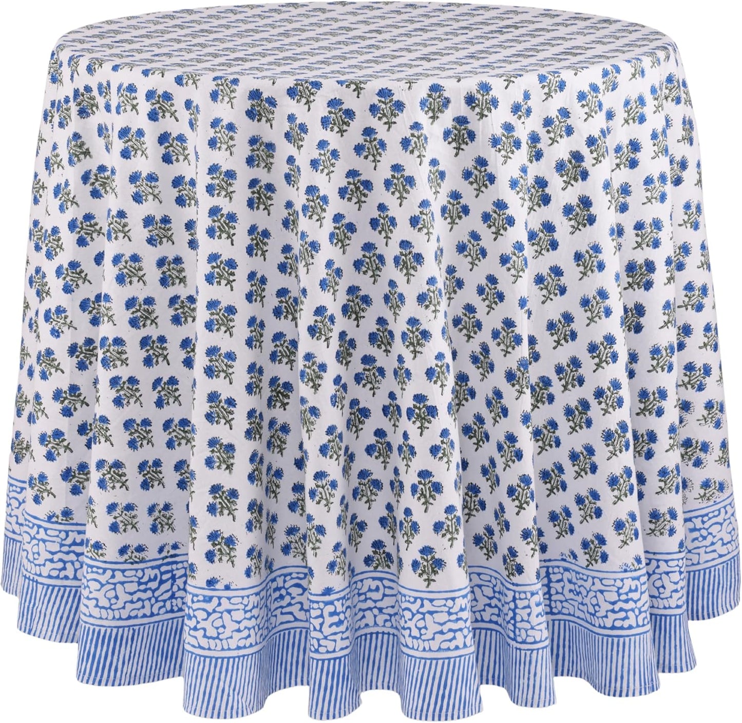 ATOSII Gulbahar Blue 100% Cotton Fall Round Tablecloth, Handblock Print Floral Table Cloth for Kitchen Dining Linen I Thanksgiving, Christmas, Weddings, Outdoors, Parties I 72" Inches Diameter