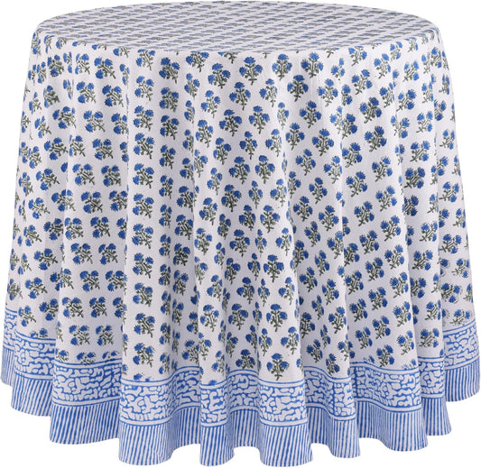 ATOSII Gulbahar Blue 100% Cotton Fall Round Tablecloth, Handblock Print Floral Table Cloth for Kitchen Dining Linen I Thanksgiving, Christmas, Weddings, Outdoors, Parties I 90" Inches Diameter