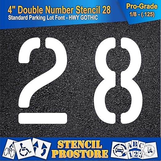 Pavement, Curb, and WheelStop Stencils - 4 inch Double Number Stencil - (28) - 4" x 5.5" x 1/8" (128 mil) - Pro-Grade