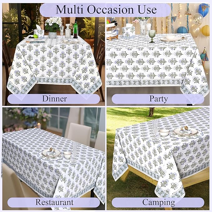 Ridhi Hand Block Print Mughal Buta Blue Rectangle Cotton Tablecloth 90" x 60" Reusable Table Cover Decorative Everyday Use for Dining, Farmhouse, Home Gift for Spring, Easter, Valentine