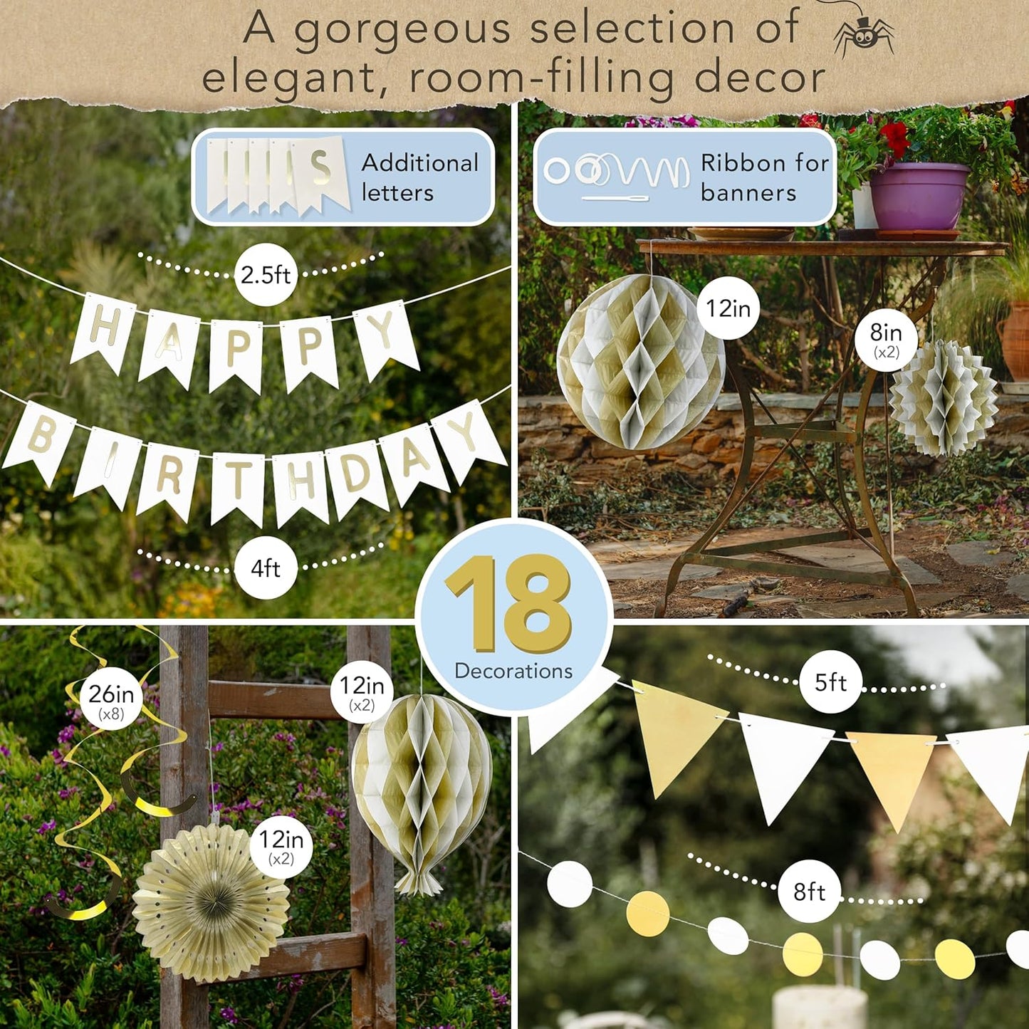 Premium Reusable - White and Gold Birthday Decorations for Women & Men - Multi-occasion Banner, Pennant Banner, Paper Fans - Party Decor by Itsy Bitsy Party Co