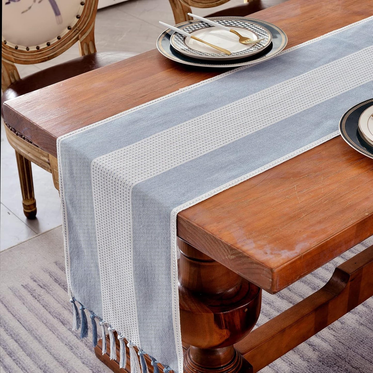 Wracra Linen Table Runner, Farmhouse Macrame Table Runners 48 Inches Long for Dining Table Decor, Wedding, Party and Dresser Decor (Blue,48")