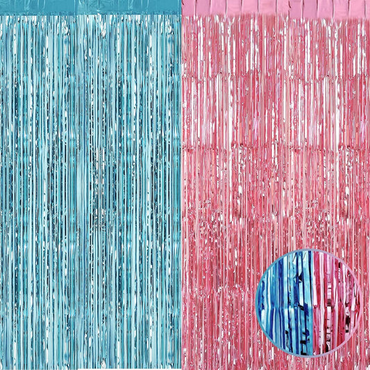 4 Pack Pink Blue Foil Fringe Curtain Backdrop, 3.28Ft x 9.8Ft Metallic Tinsel Foil Fringe Streamers Curtains for Photo Booth, Wedding Birthday Baby Shower Gender Reveal Boy or Girl Party Decoration